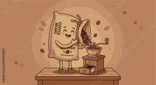 Smiling burlap coffee bag pouring fresh roasted beans to grind