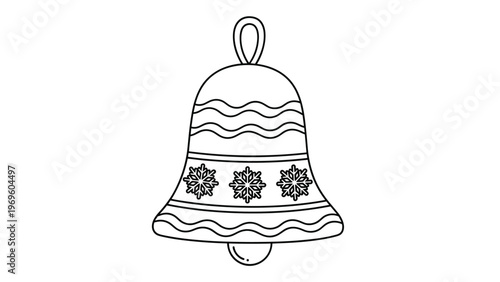 Festive Christmas bell outline illustration featuring snowflake patterns and wavy line decorations for holiday coloring and design themes.