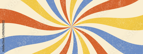 Psychedelic swirl background. Groovy retro sunburst. Spiral wave pattern with grunge texture