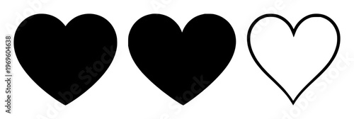 Favorite heart icon set with solid black icon on white background featuring heart, icon, favorite selector with love and symbol