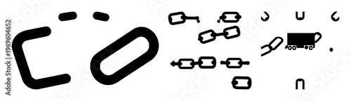 Supply chain management links icon set with solid black shapes featuring manufacturing, global network, transportation with logistics and delivery