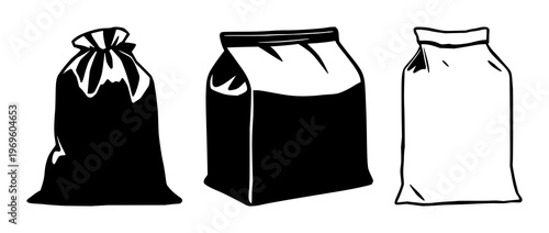 Thermal insulation delivery bag set with flat black silhouette design featuring insulated goods, shipping, packaging with scalable vector and icon graphic