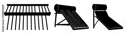 Solar thermal water heater set with solid black icon on white background featuring renewable energy, heating, water treatment with sustainable efficiency and clean technology