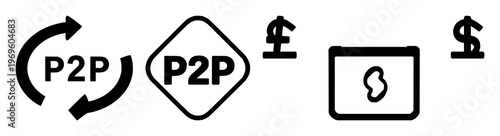 Peer-to-Peer Lending set with solid black icon on white background featuring financial technology, lending, digital network with peer-to-peer and credit