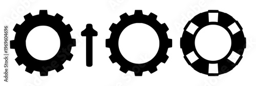 Settings gear wheel icon set with solid black wheel on crisp white background featuring gear, settings, user interface with simple and minimalist vector design