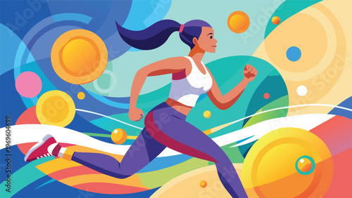 Woman running in a colorful background during a sunny day in a park while enjoying a fitness routine