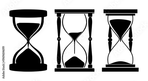 History hourglass icon set with solid black icon on white background featuring hourglass, time, history with black and white and iconography