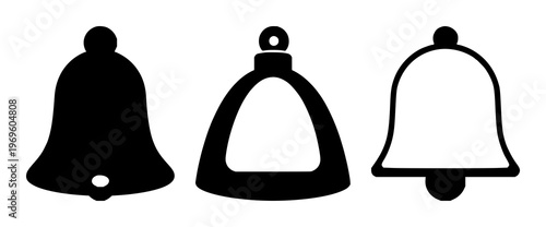 Notification bell icon set with solid black color and white background featuring alerts, reminders, attention with signals and announcements