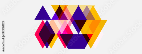 Abstract geometric shapes overlap, creating dynamic composition. Purple, orange, pink hues dominate white background. Modern design element.