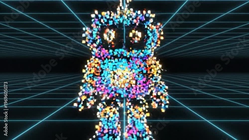 Pixel art robot character digital grid background technology concept