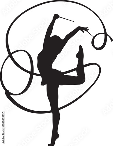 Gymnastics, rhythmic gymnast, silhouette, athletic pose, black vector icon