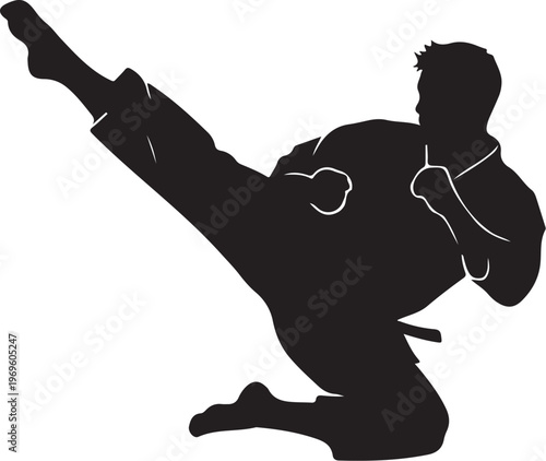 Martial arts, karate, kickboxing, fighting silhouettes, black vector icons