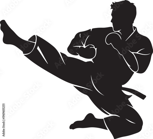 Martial arts silhouette, karate kick vector, black uniform icon, kickboxing illustration