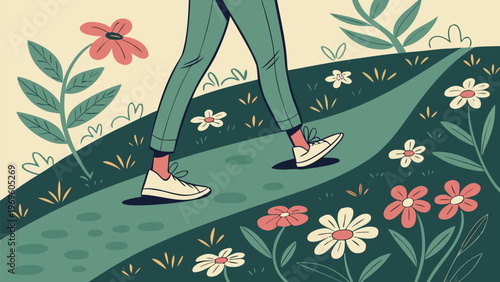 Person walking on a path surrounded by colorful flowers and greenery outdoors