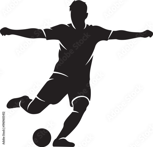 Black silhouette soccer player kicking ball, athletic sports icon, football kick action, vector illustration