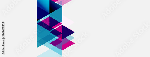 Abstract geometric shapes overlap, creating dynamic visual effect. Blue, purple, pink hues dominate white background. Modern design.