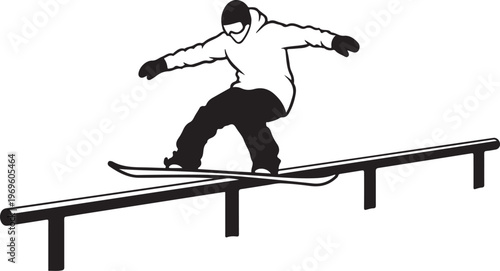 Snowboarder, skate rail, black and white illustration, vector graphics, extreme sports icon