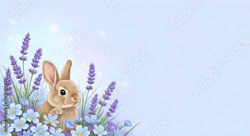 Cute Brown Easter Bunny in Lavender and Blue Flower Field