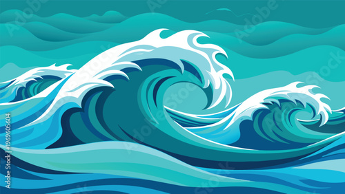 Waves crash on the shore under a bright blue sky during the day with a lively ocean scene depicting movement and energy