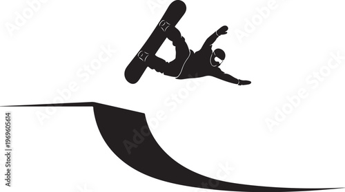 Snowboarder performing aerial stunt, extreme sports vector, black silhouette, action icon