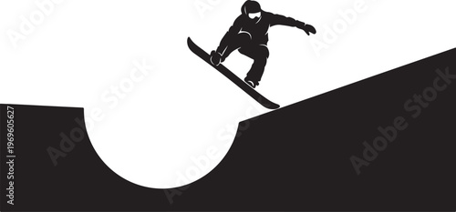 Snowboarder, snowboarding silhouette, extreme sports icon, black and white vector