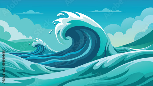 Waves crash in blue water with clouds above and hills in the background during a sunny day