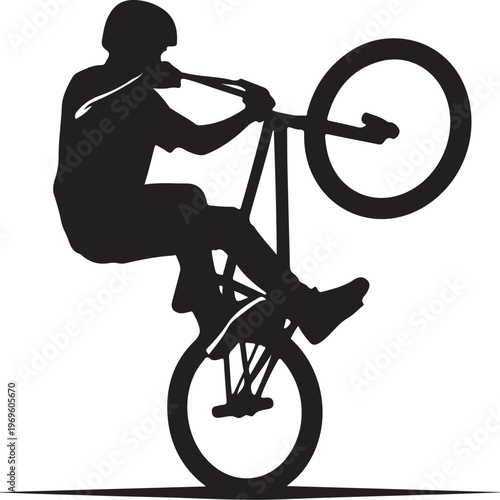 Black silhouette cyclist, BMX bike rider, performing stunt, cycling illustration, vector graphics