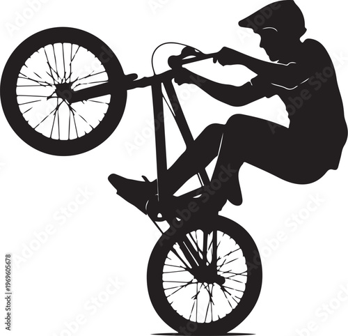Black silhouette of a cyclist performing a wheelie on a bicycle, bike stunt, cycling illustration, sports vector