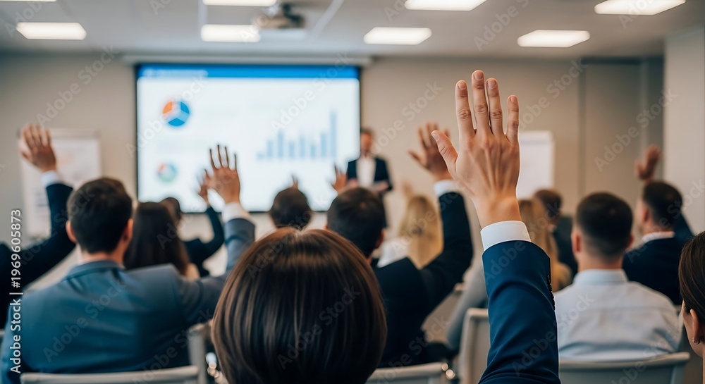 Fototapeta premium Audience raising hands in a business seminar with charts on projector screen