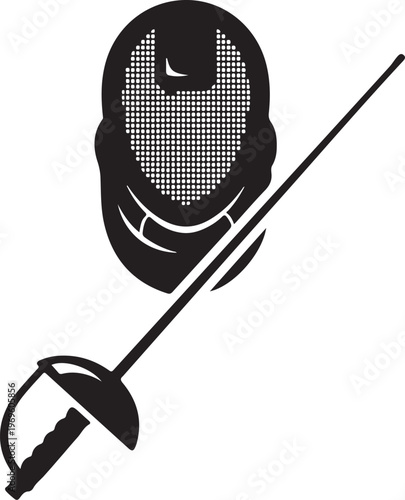 Fencing, sports equipment, fencing gear, mask and foil, black vector icons