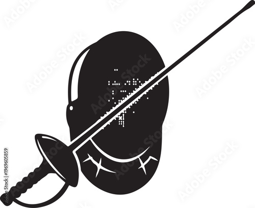 Fencing, fencing mask, foil sword, black silhouette, sports equipment, vector icon