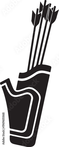 Archery quiver with arrows, black vector icon, bow and arrow set, hunting equipment