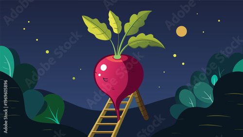 Red beet on a ladder in a night garden with green leaves under the stars