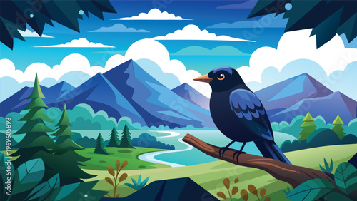 Bird sits on branch overlooking river and mountains in bright landscape during daytime with clear sky