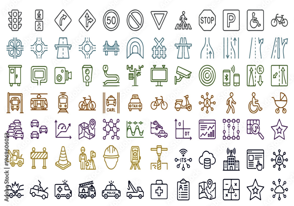Ταπετσαρία Comprehensive set of flat-line transportation and traffic icons, including signs, vehicles, infrastructure, and mobility symbols