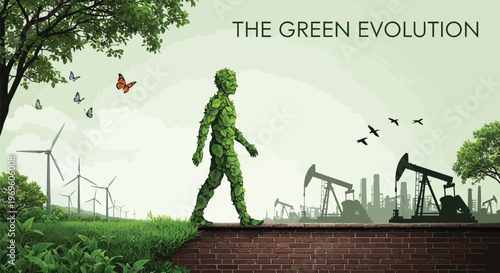 A person made of leaves walking towards green energy and away from oil rigs and pollution