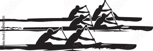 Kayaking, rowing, paddling vector silhouettes, black icons, water sports illustrations, athletic graphics