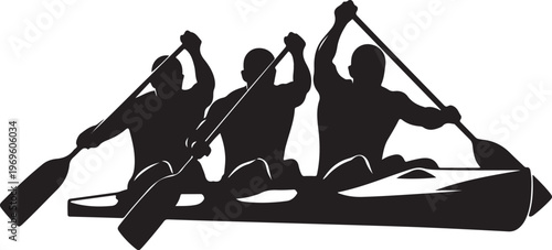 Kayaking, Silhouette, Three People, Paddling, Black Vector Icon