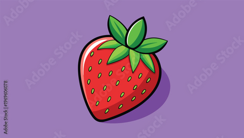 Bright red strawberry sits on a purple background with green leaves on top