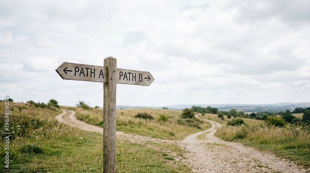 Fototapeta premium Fork in the road signpost showing paths A and B in a scenic rural landscape
