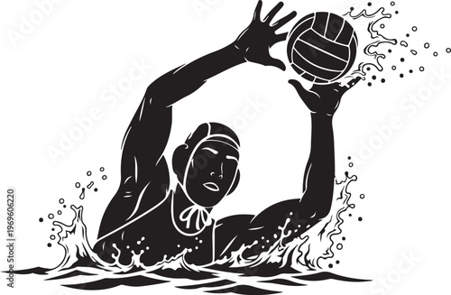 Water polo player, swimming, black silhouette, vector illustration, sports icon
