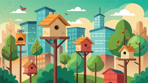 Birdhouses stand tall near city buildings and trees during daytime in a colorful urban scene