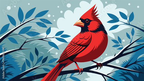 Colorful red bird sits on a branch among blue leaves in a clear sky scene during daytime