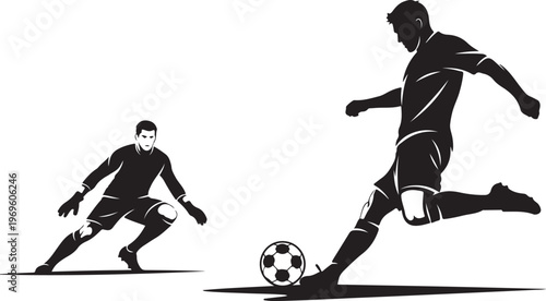 Black silhouette soccer players, kicking ball, goalkeeper, sports icons, vector graphics