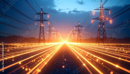 Electricity power lines at dusk landscape.