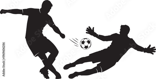 Soccer player kicking ball, goalkeeper diving block, football silhouette, sports vector icons