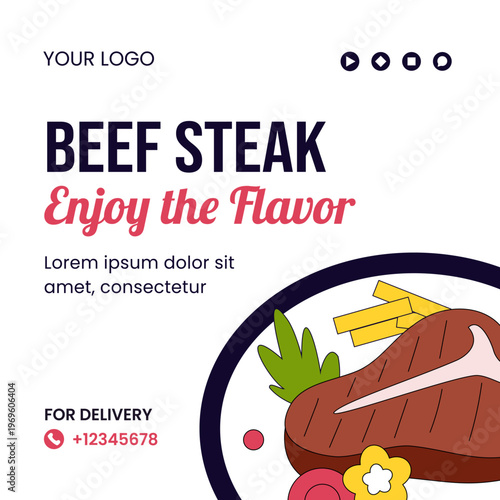 Steakhouse Social Media Flat Cartoon Hand Drawn Illustration Background