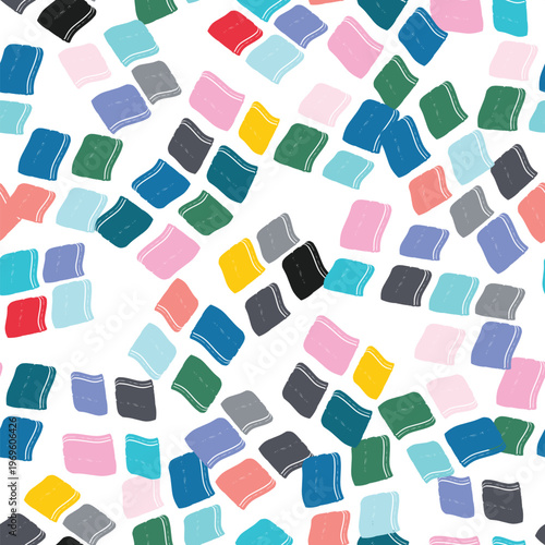 Vibrant seamless pattern of hand drawn colorful squares and brushlike strokes forming a playful, scattered mosaic texture on white perfect for modern fabrics, paper, and backgrounds