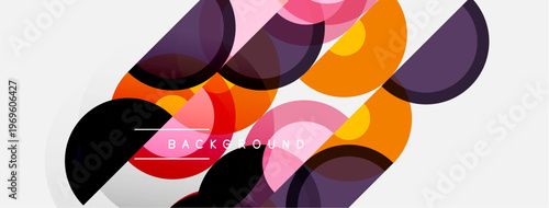 Abstract geometric shapes overlap, creating vibrant colorful background. Circles, semicircles dominate composition. Modern design element.
