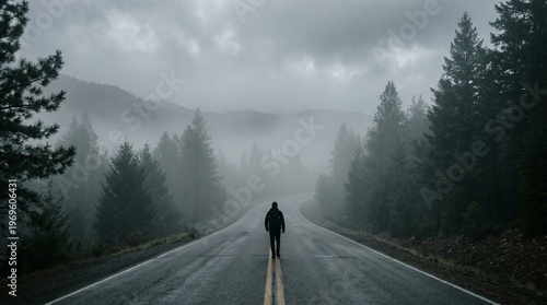 Lone figure walks down misty, tree-lined road in overcast, moody landscape